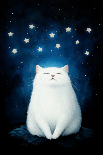 Cute Fluffy White Cat under Starry Night Sky