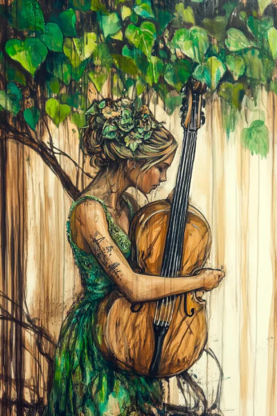 Artistic Woman with Cello and Green Leaves Watercolor