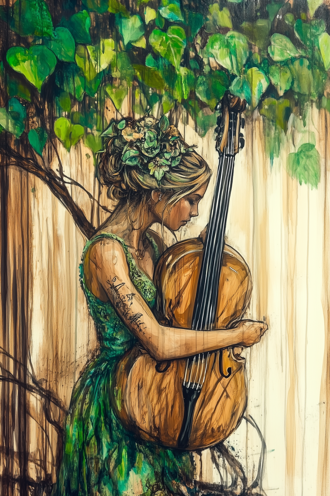 Artistic Woman with Cello and Green Leaves Watercolor