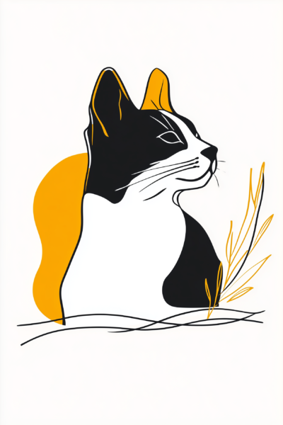 Abstract Line Art Cat Portrait and Ochre Sun
