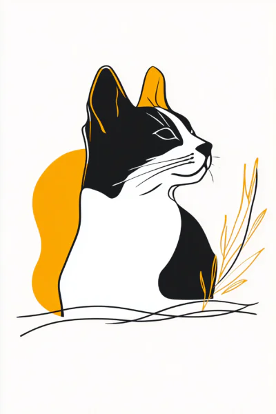 Abstract Line Art Cat Portrait and Ochre Sun