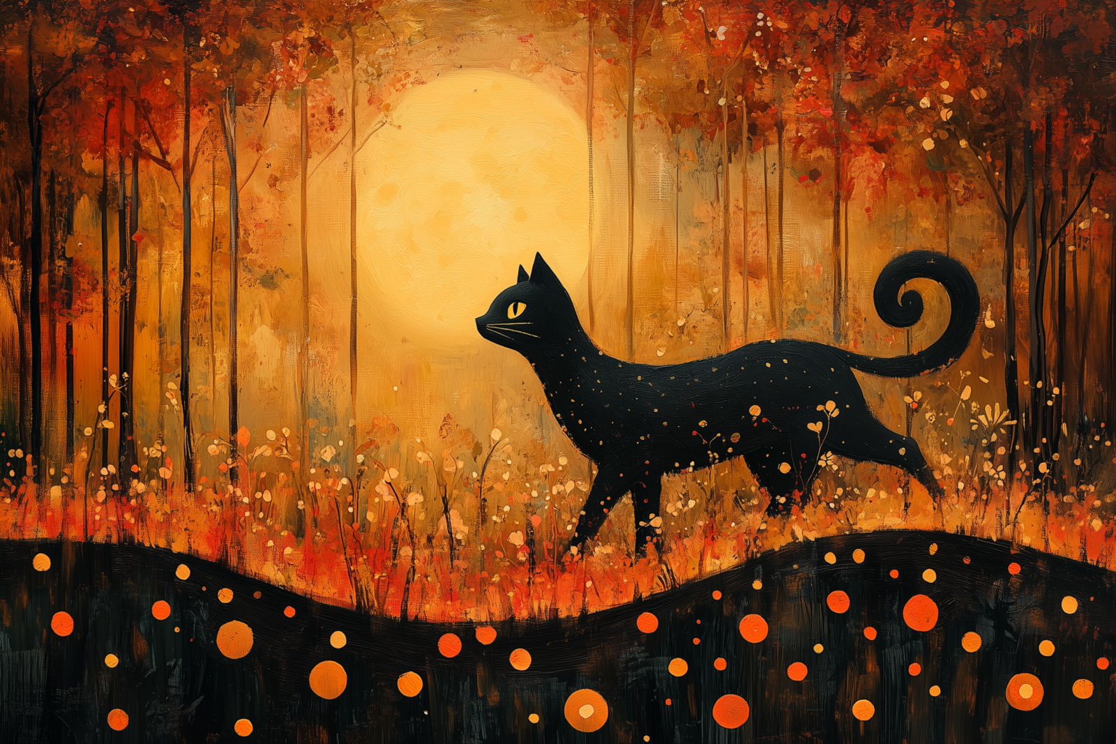 Magical Black Cat in Autumn Forest with Full Moon