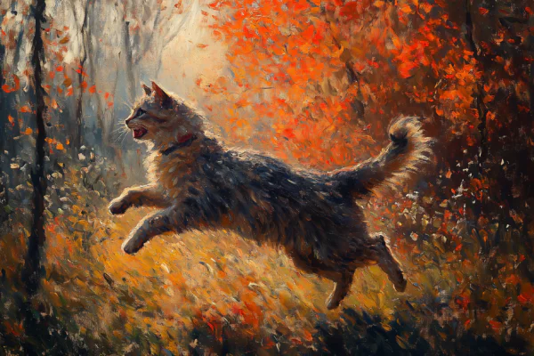 Dynamic Running Fluffy Cat in Autumn Forest Impressionist Art