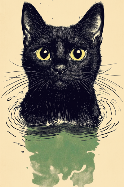 Black Cat Swimming Ink Wall Art – Quirky Minimalist Black Cat Printable Poster