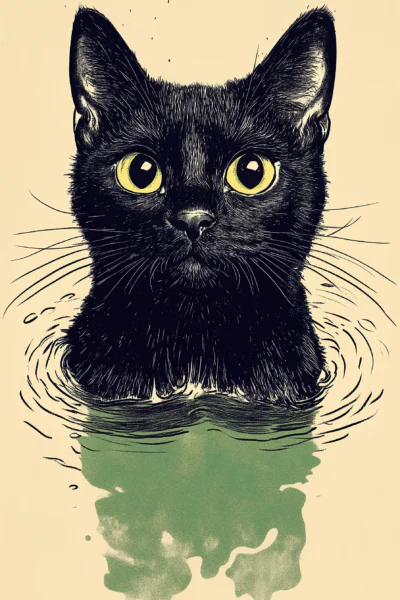 Black Cat Swimming Ink Wall Art – Quirky Minimalist Black Cat Printable Poster