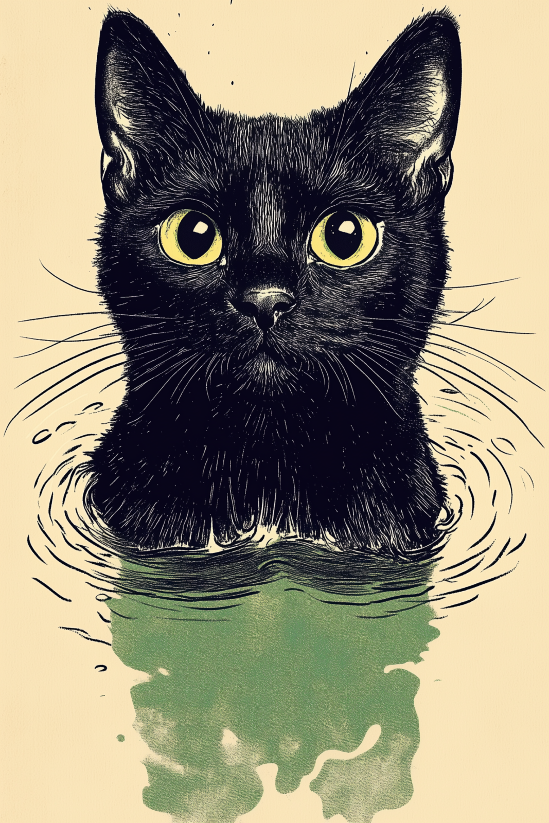 Black Cat Swimming Ink Wall Art – Quirky Minimalist Black Cat Printable Poster