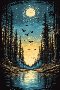 Enchanted Forest and River Landscape at Sunset