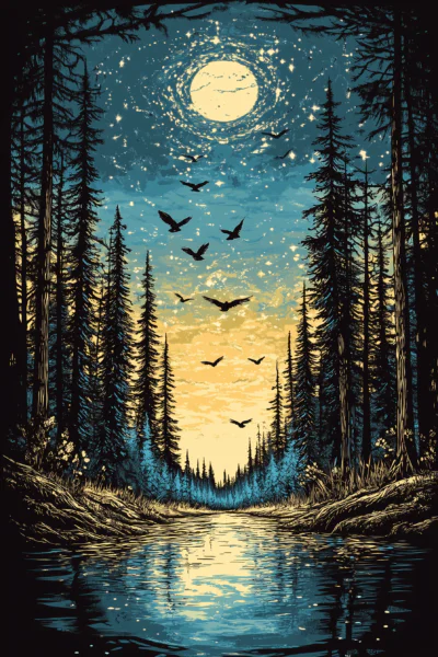Enchanted Forest and River Landscape at Sunset