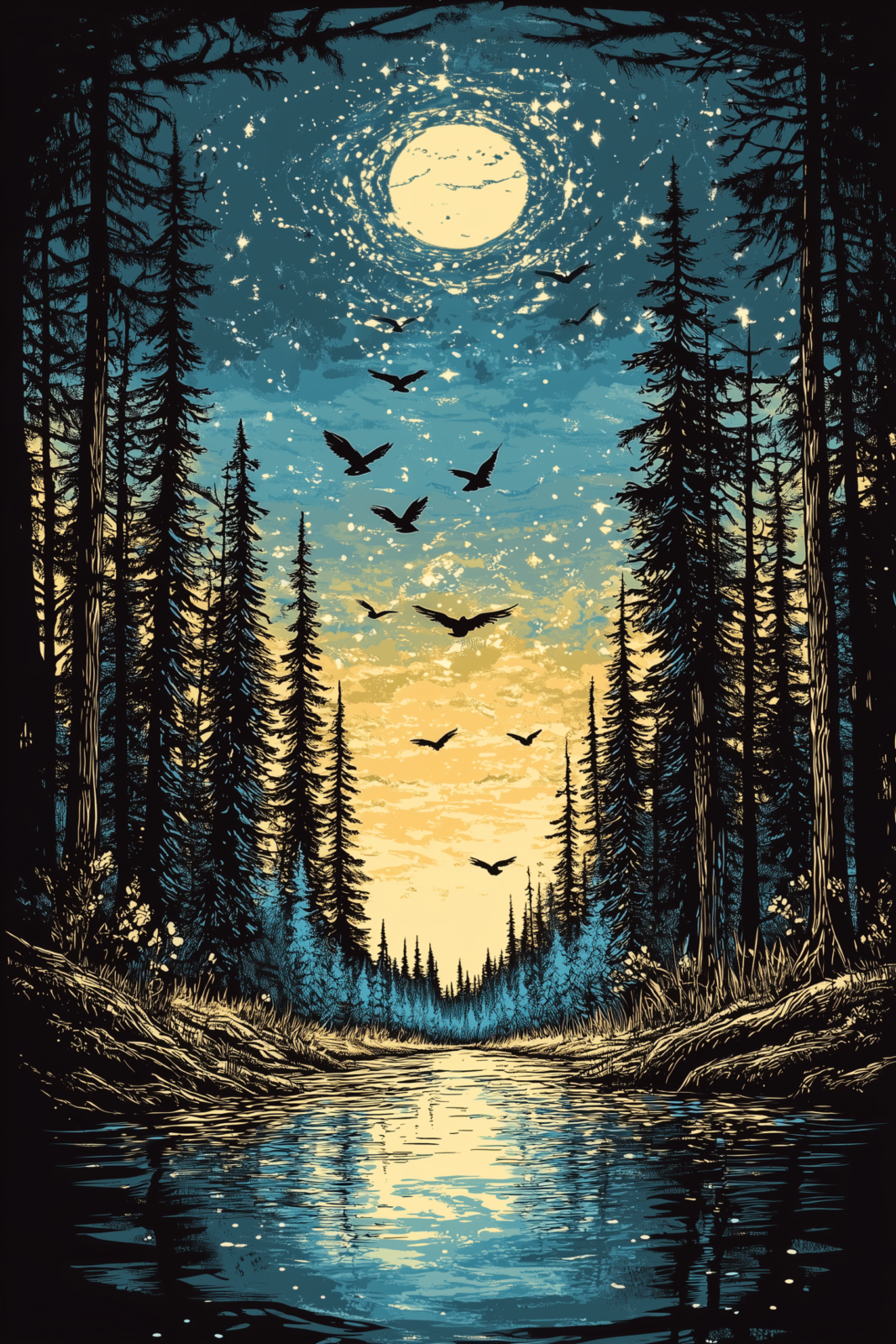 Enchanted Forest and River Landscape at Sunset Enchanted Forest and River Landscape at Sunset