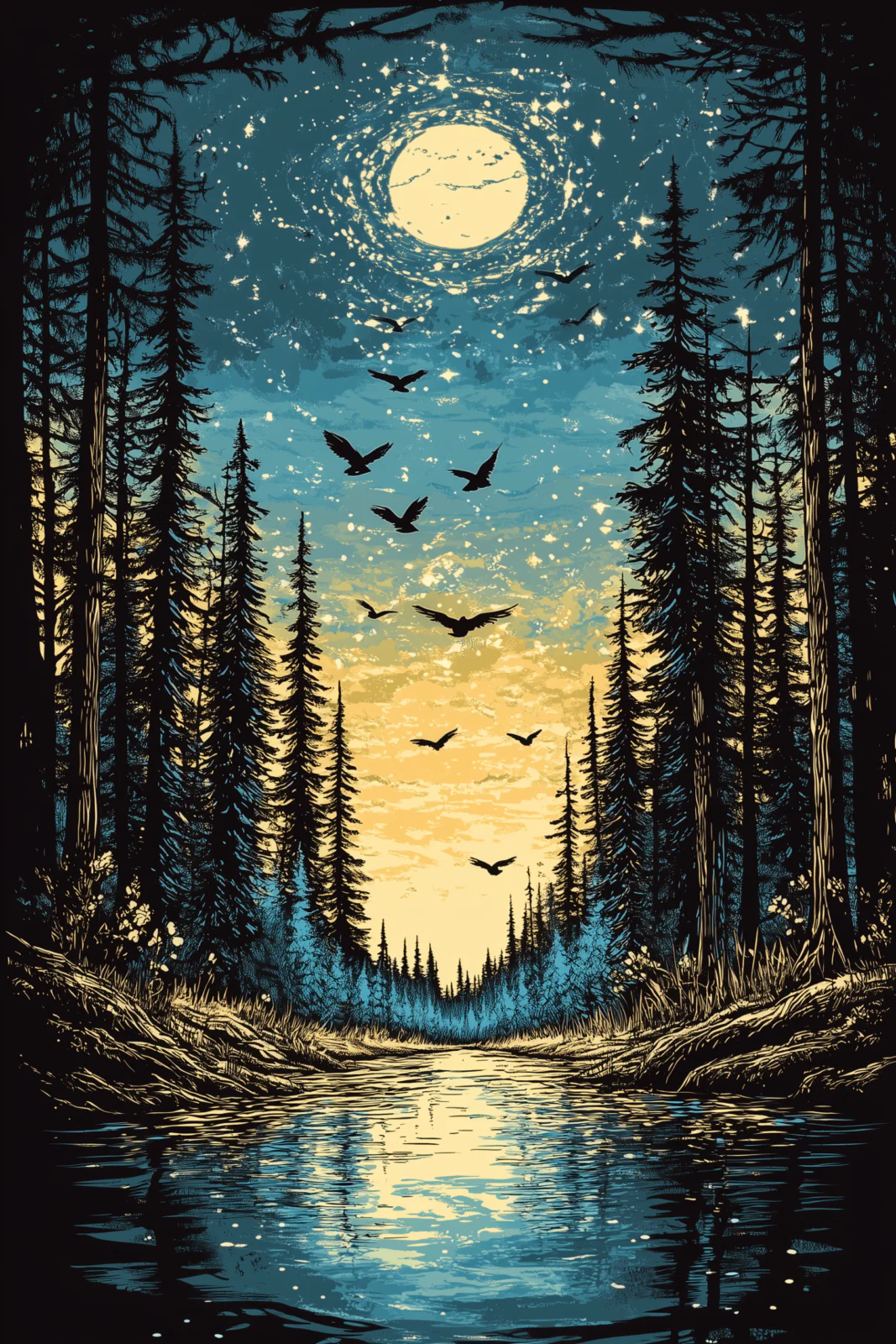 Enchanted Forest and River Landscape at Sunset