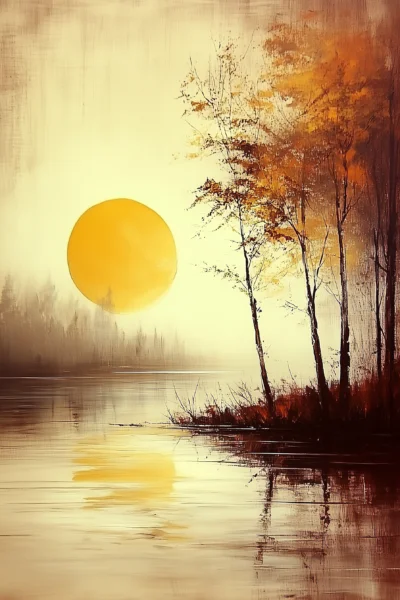 Golden Autumn Sunset Lake Wall Art – Warm Misty Forest Landscape Printable Poster
