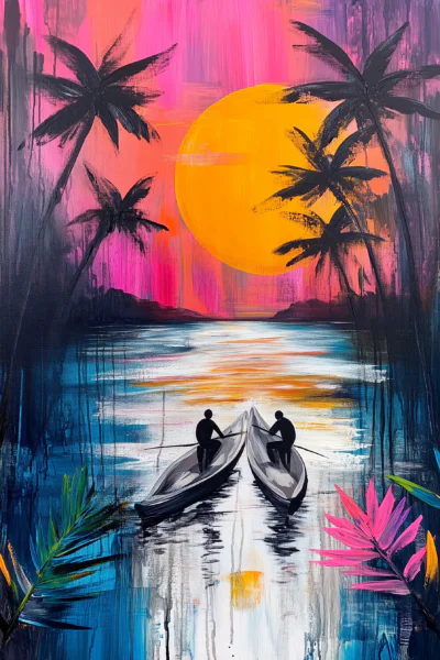 Neon Tropical Sunset with Canoes