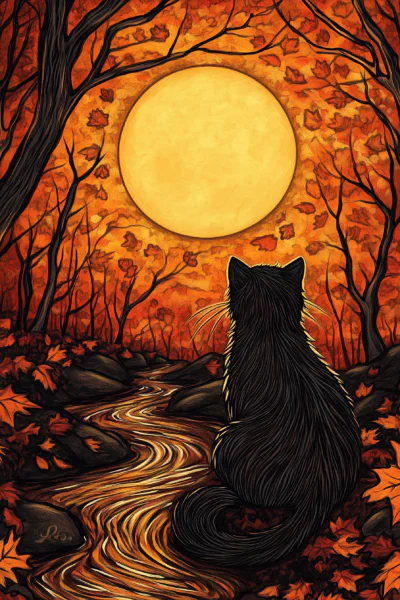 Black Cat Full Moon Autumn Forest Wall Art – Cozy Halloween Spooky Season Printable Poster