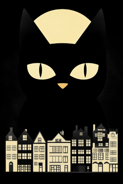 Whimsical Black Cat and Vintage City