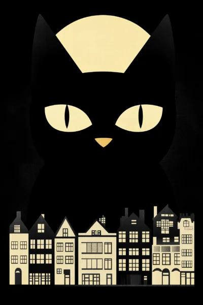 Whimsical Black Cat and Vintage City