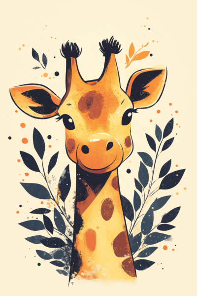 Cute Baby Giraffe with Botanical Leaves