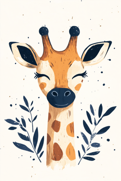 Cute Smiling Baby Giraffe with Botanical Leaves