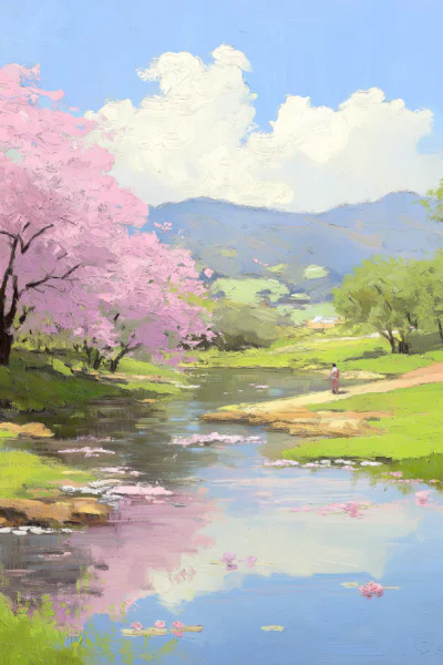 Japanese Cherry Blossom River Landscape Oil Painting