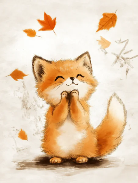 Cute Baby Fox with Autumn Leaves