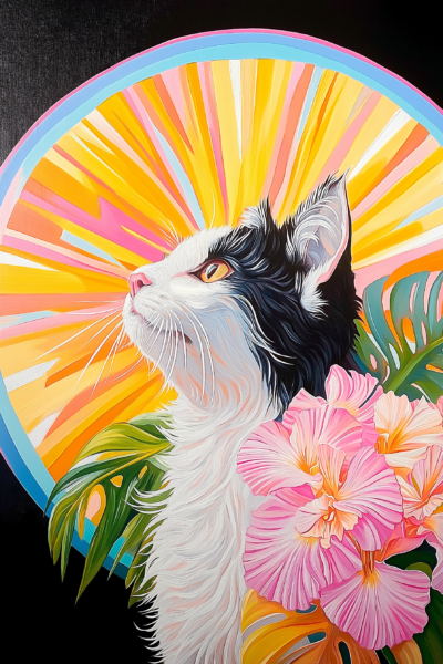 Retro Tropical Cat Floral Wall Art – Vibrant Pop Art Kitten Printable Poster