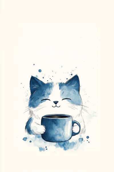Cute Blue Watercolor Cat with Coffee Mug Wall Art – Cozy Coffee Lover Printable Poster