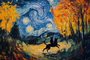 Van Gogh Inspired Starry Night with Cat and Dog Oil Painting