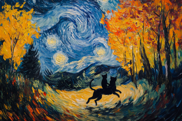 Van Gogh Inspired Starry Night with Cat and Dog Oil Painting