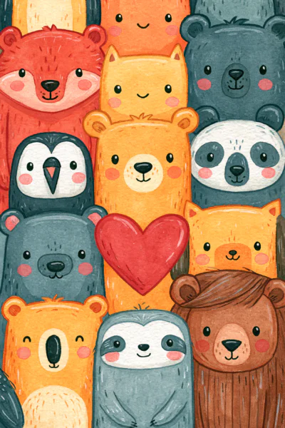 Cute Kawaii Animals Crowd Printable Wall Art – Watercolor Cute Bears Nursery Poster