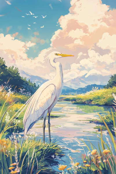 Graceful Egret Landscape Printable Wall Art – Scenic Nature Illustration Poster