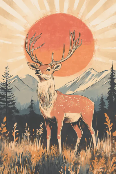 Vintage Majestic Stag Forest Sunset Wall Art – Retro Wilderness Deer Printable Poster