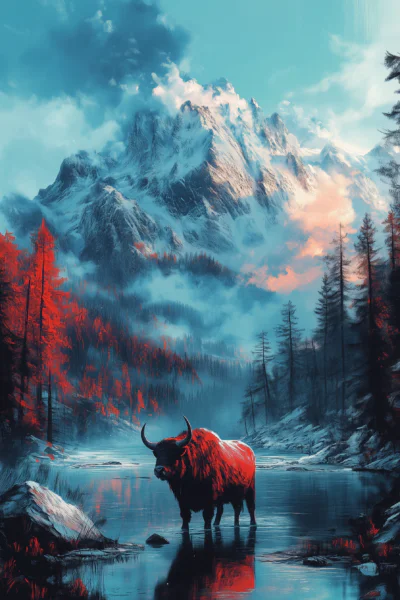 Alpine Mountain Landscape & Red Buffalo