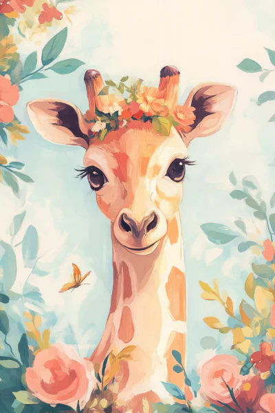 Cute Baby Giraffe Floral Crown Wall Art – Nursery Safari Animal Printable Poster