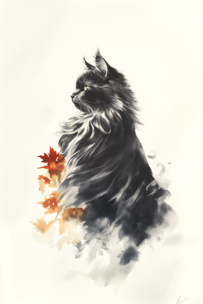 Fluffy Black Cat with Autumn Leaves Watercolor