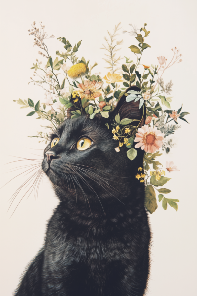 Vintage Black Cat Floral Crown Wall Art – Botanical Wildflower Cat Printable Poster