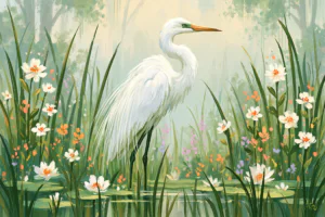 Elegant Egret in Water Lilies Printable Art – Botanical Marshland Oil Painting Poster