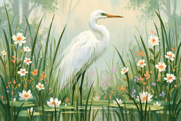 Elegant Egret in Water Lilies Printable Art – Botanical Marshland Oil Painting Poster