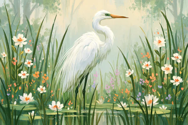 Elegant Egret in Water Lilies Printable Art – Botanical Marshland Oil Painting Poster