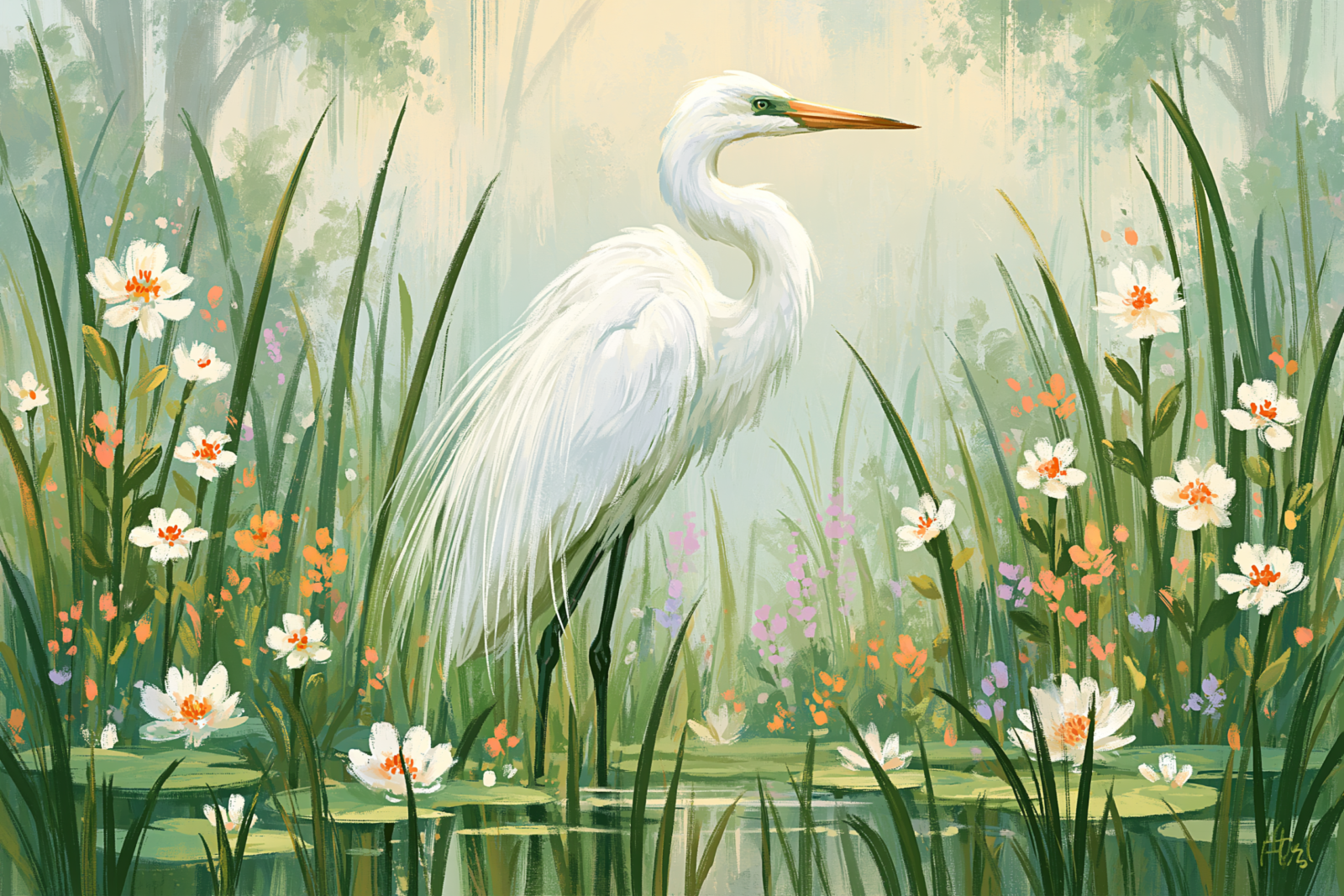 Elegant Egret in Water Lilies Printable Art – Botanical Marshland Oil Painting Poster