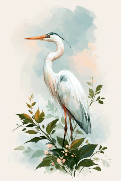 Graceful Heron Printable Wall Art – Minimalist Botanical Watercolor Poster