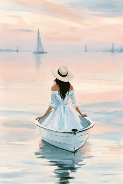 Serene Woman in Boat Sunset Printable Art – Pastel Coastal Oil Painting Poster