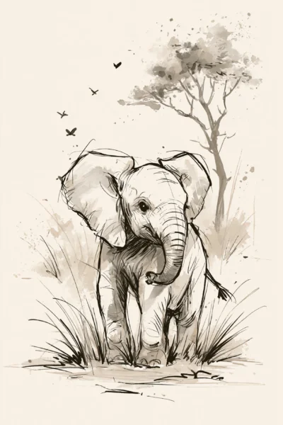 Cute Baby Elephant Printable Wall Art – Safari Sketch Nursery Poster