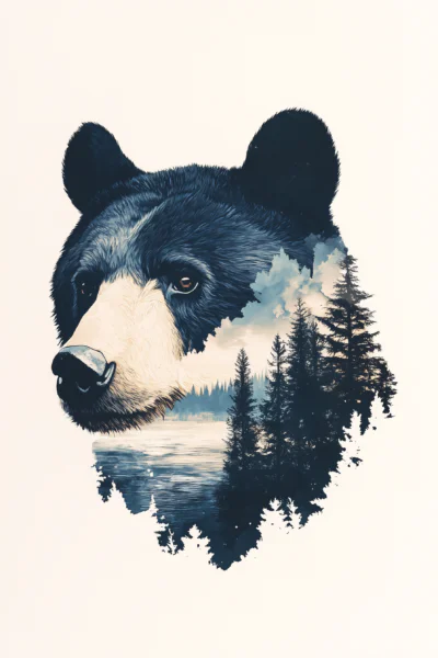 Double Exposure Bear Forest Wall Art – Whimsical Wilderness Printable Poster