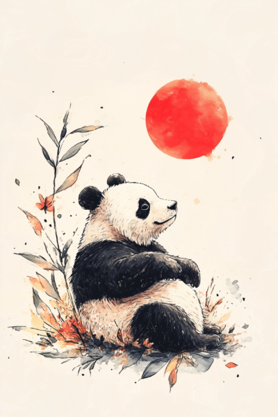 Cute Watercolor Panda with Red Sun Japanese Style