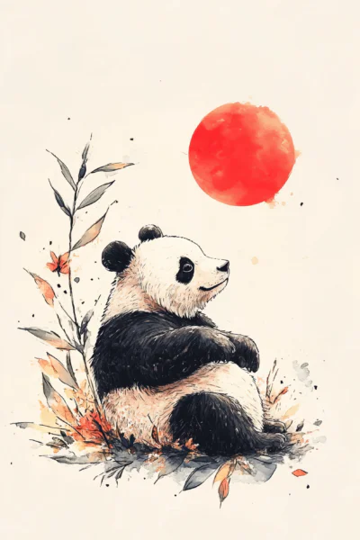 Cute Watercolor Panda with Red Sun Japanese Style