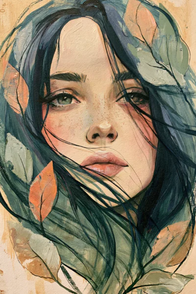 Earthy Autumn Woman Portrait Wall Art – Aesthetic Floral & Leaves Female Printable Poster