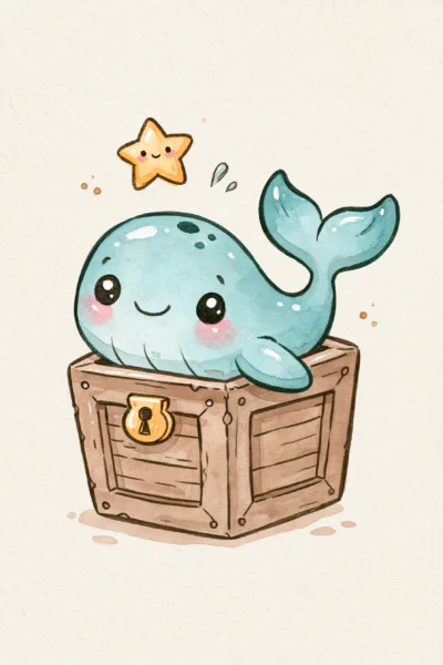 Cute Whale in Treasure Chest Printable Art – Kawaii Ocean Nursery Poster