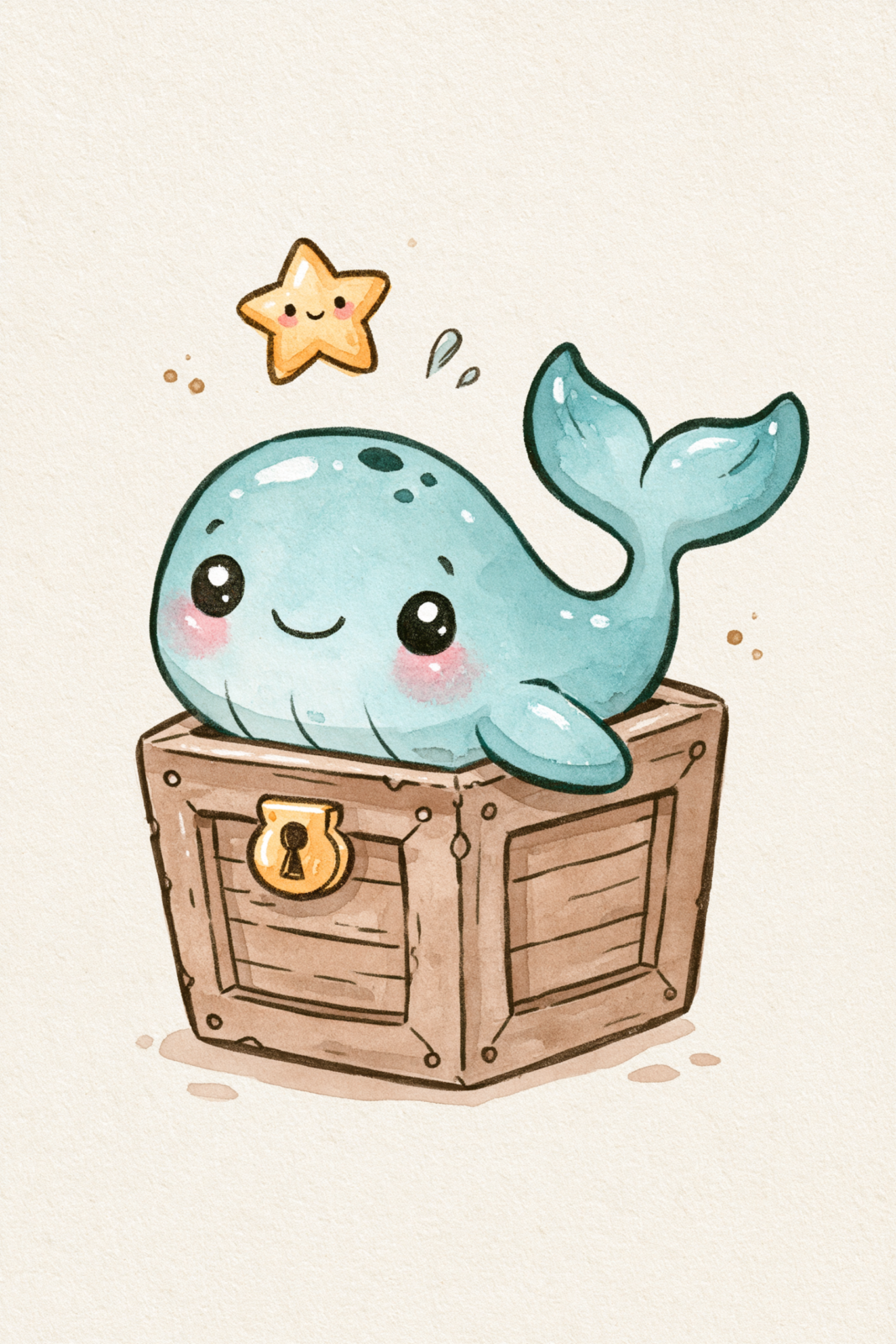 Cute Whale in Treasure Chest Printable Art – Kawaii Ocean Nursery Poster